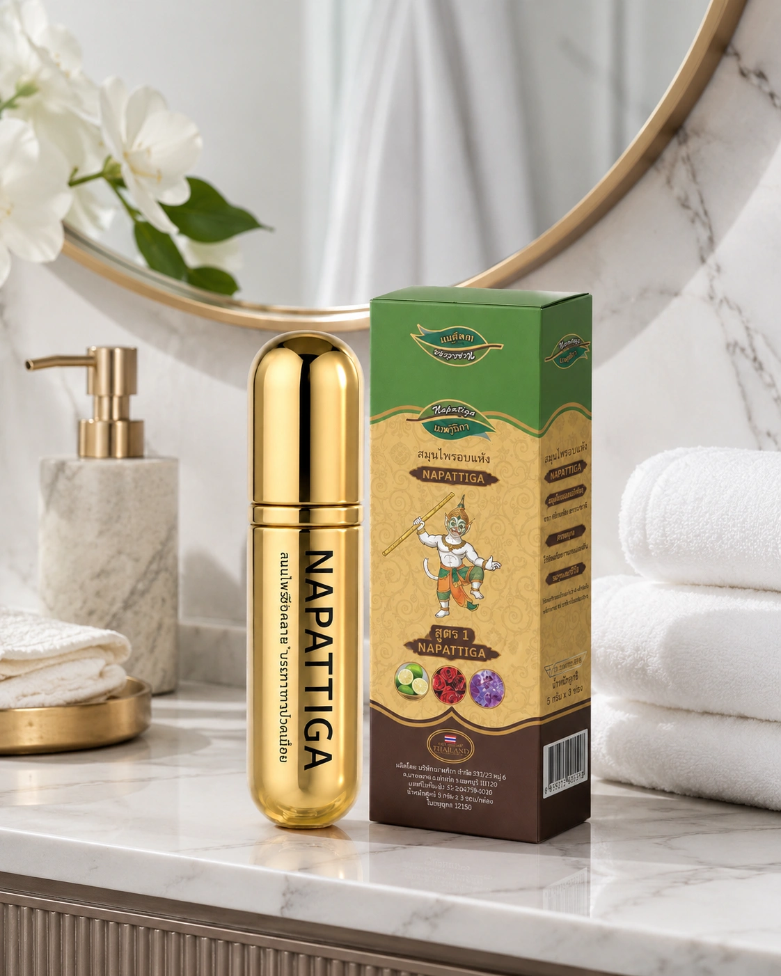 Napattiga Delay Spray product with packaging on a bathroom vanity
