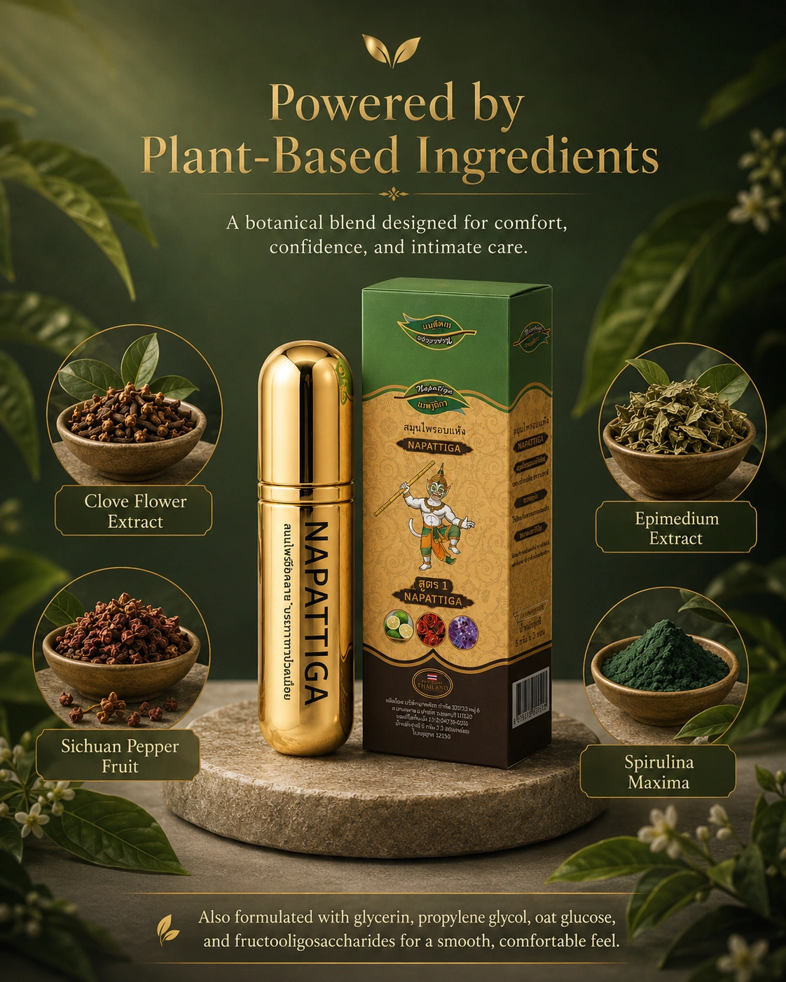 Napattiga Delay Spray with plant-based ingredients including clove flower, Sichuan pepper fruit, epimedium and spirulina