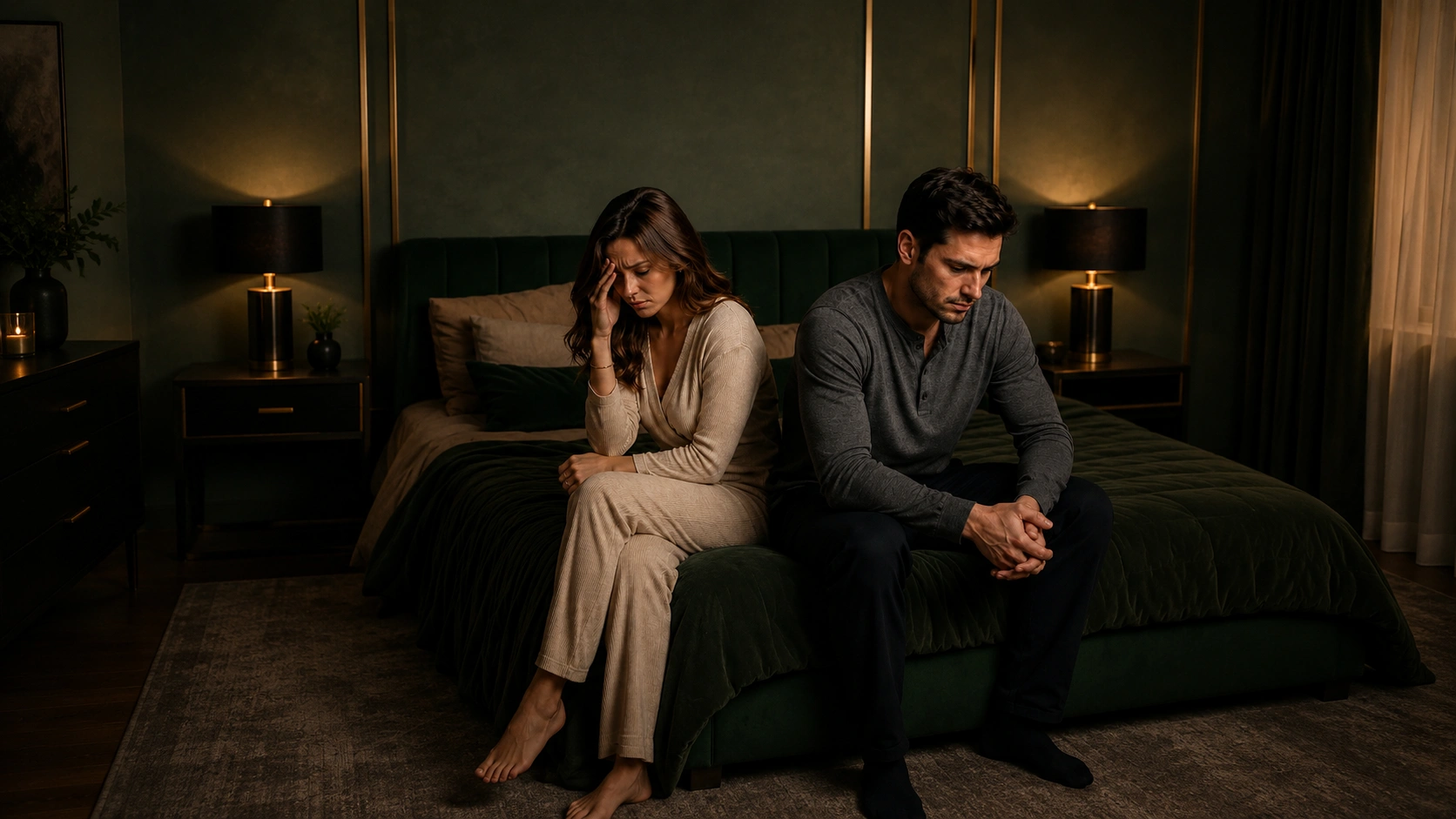 Couple sitting apart on a bed in a dimly lit bedroom, representing performance anxiety and difficult intimacy conversations.